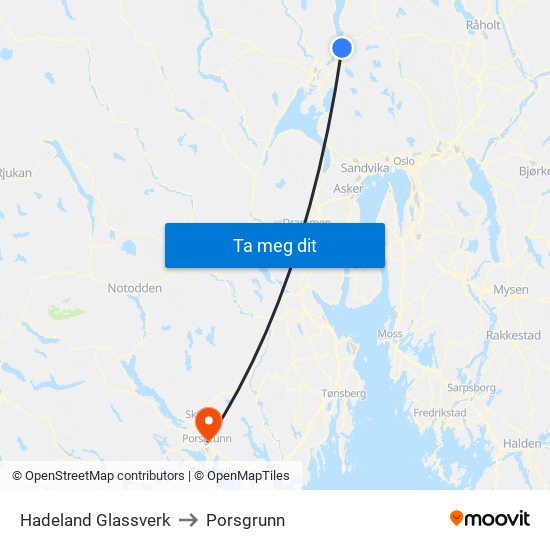 Hadeland Glassverk to Porsgrunn map