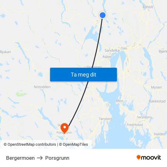 Bergermoen to Porsgrunn map
