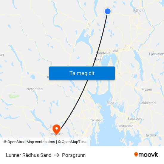 Lunner Rådhus Sand to Porsgrunn map