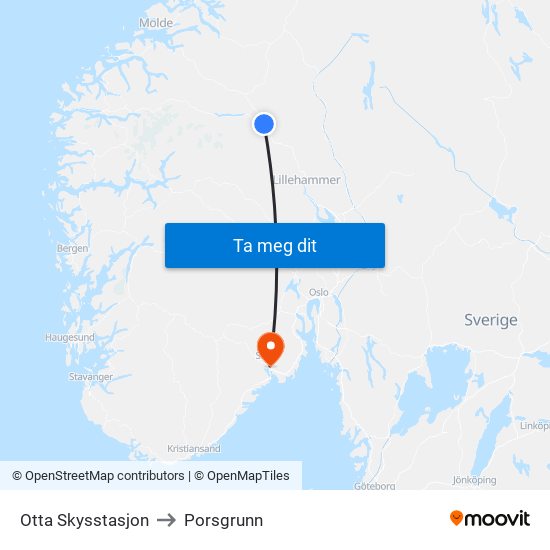 Otta Skysstasjon to Porsgrunn map