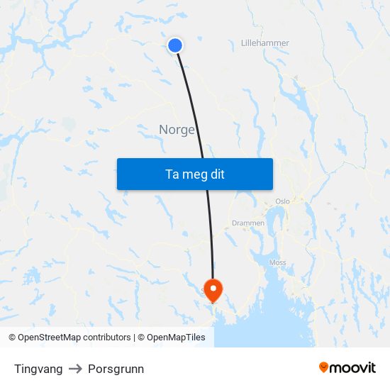 Tingvang to Porsgrunn map