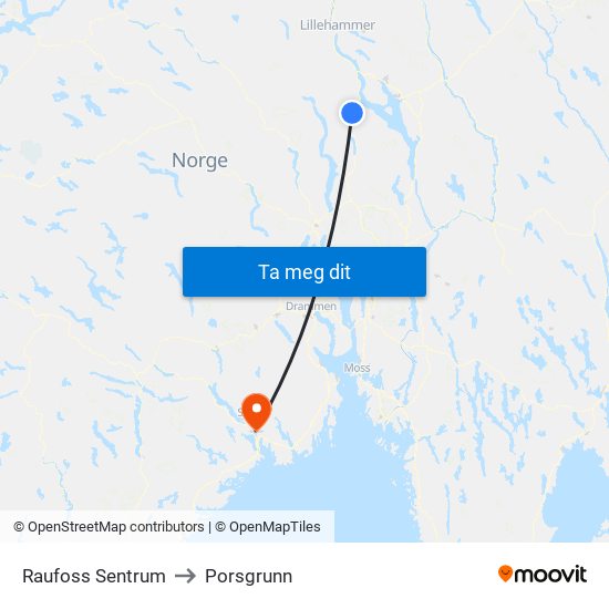 Raufoss Sentrum to Porsgrunn map