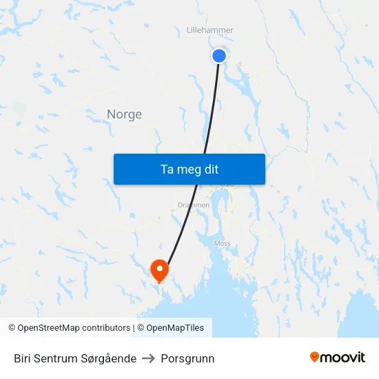 Biri Sentrum Sørgående to Porsgrunn map
