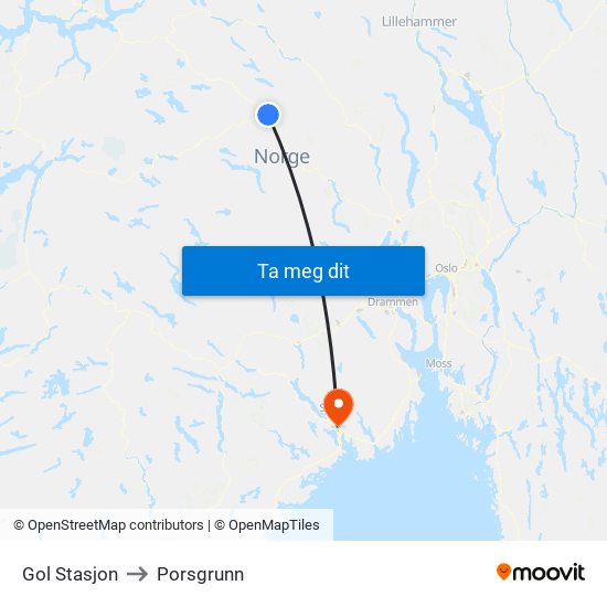 Gol Stasjon to Porsgrunn map