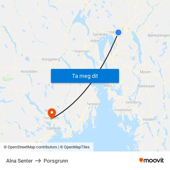 Alna Senter to Porsgrunn map