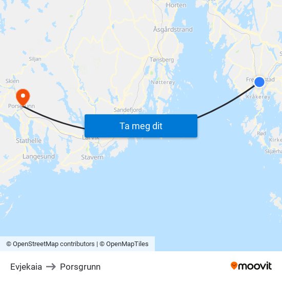 Evjekaia to Porsgrunn map