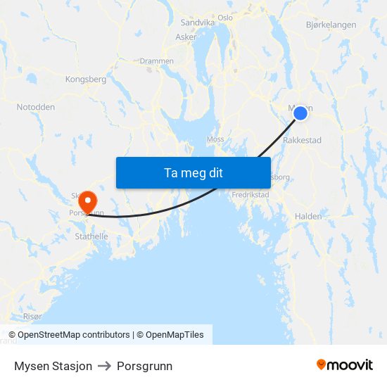 Mysen Stasjon to Porsgrunn map