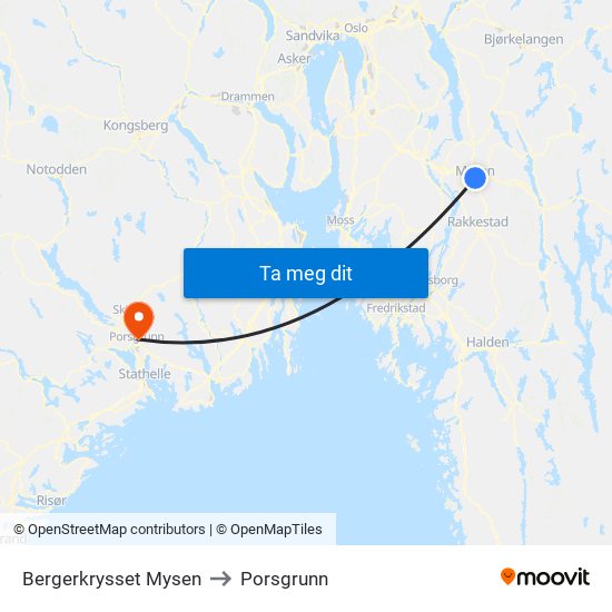 Bergerkrysset Mysen to Porsgrunn map