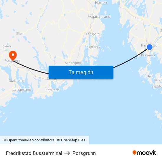 Fredrikstad Bussterminal to Porsgrunn map