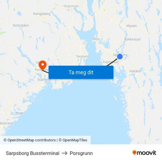 Sarpsborg Bussterminal to Porsgrunn map
