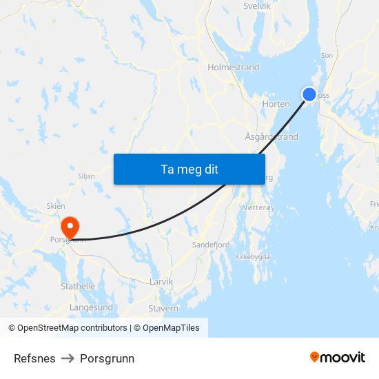 Refsnes to Porsgrunn map