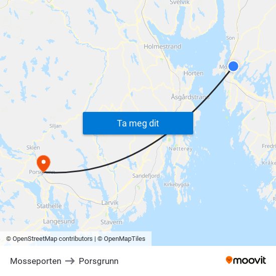 Mosseporten to Porsgrunn map