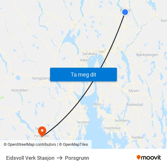 Eidsvoll Verk Stasjon to Porsgrunn map