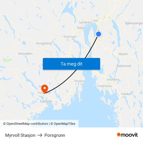 Myrvoll Stasjon to Porsgrunn map