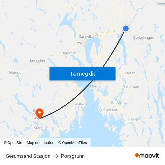 Sørumsand Stasjon to Porsgrunn map