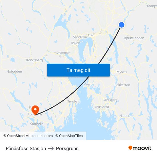 Rånåsfoss Stasjon to Porsgrunn map