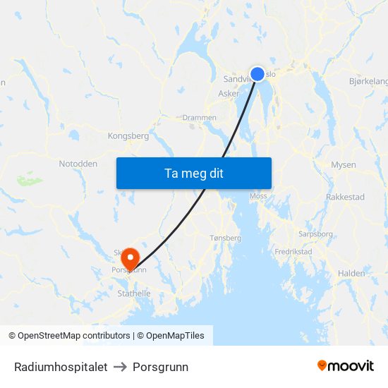 Radiumhospitalet to Porsgrunn map