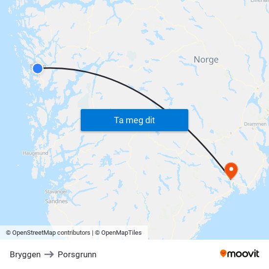 Bryggen to Porsgrunn map
