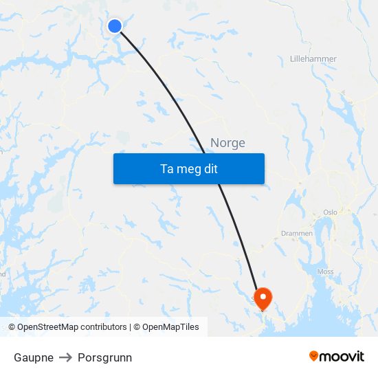 Gaupne to Porsgrunn map