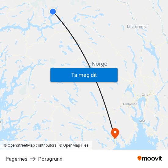 Fagernes to Porsgrunn map