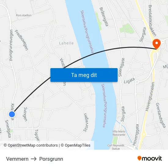 Vemmern to Porsgrunn map