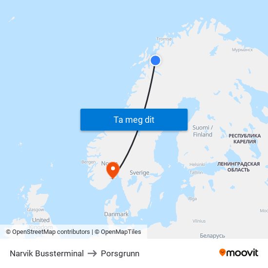 Narvik Bussterminal to Porsgrunn map