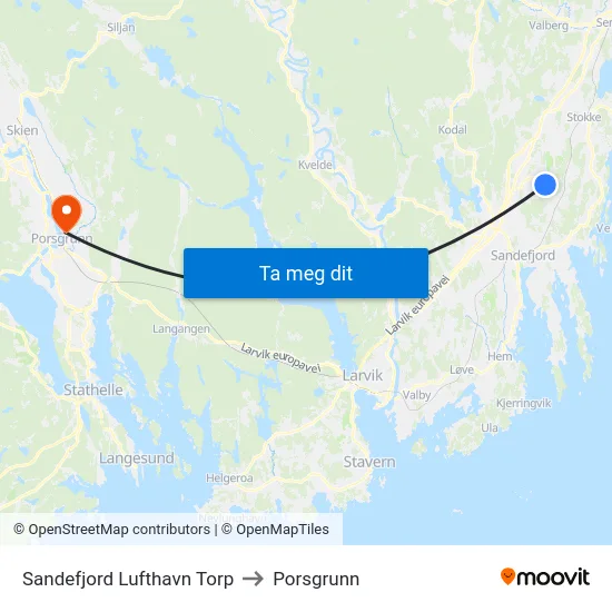 Sandefjord Lufthavn Torp to Porsgrunn map