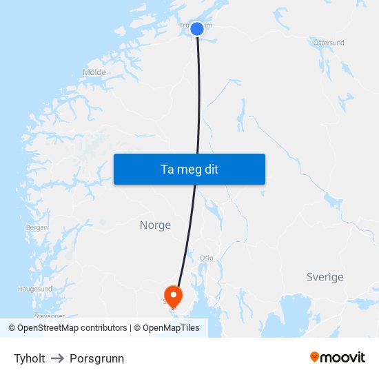 Tyholt to Porsgrunn map