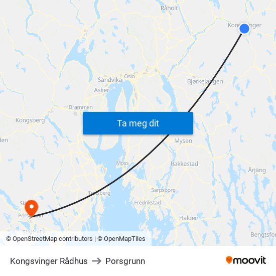 Kongsvinger Rådhus to Porsgrunn map
