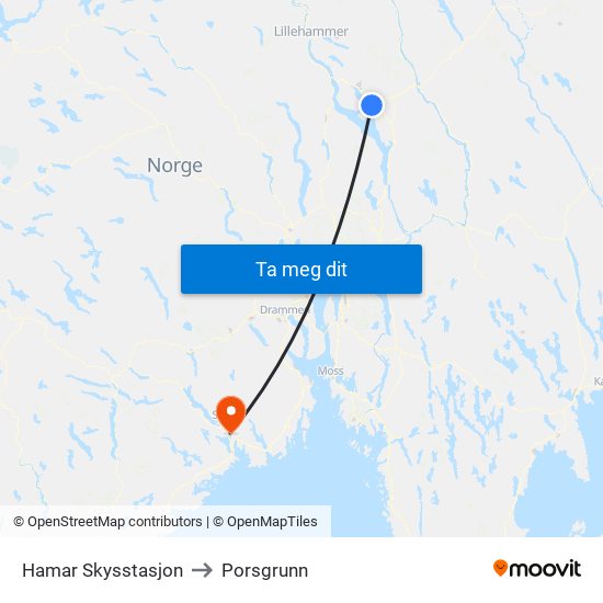 Hamar Skysstasjon to Porsgrunn map