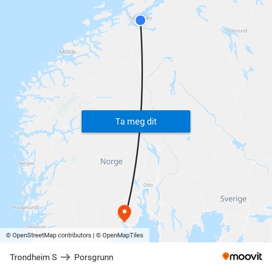 Trondheim S to Porsgrunn map