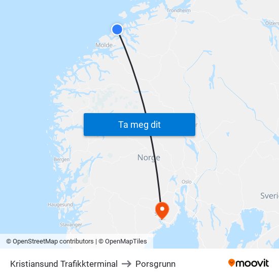 Kristiansund Trafikkterminal to Porsgrunn map