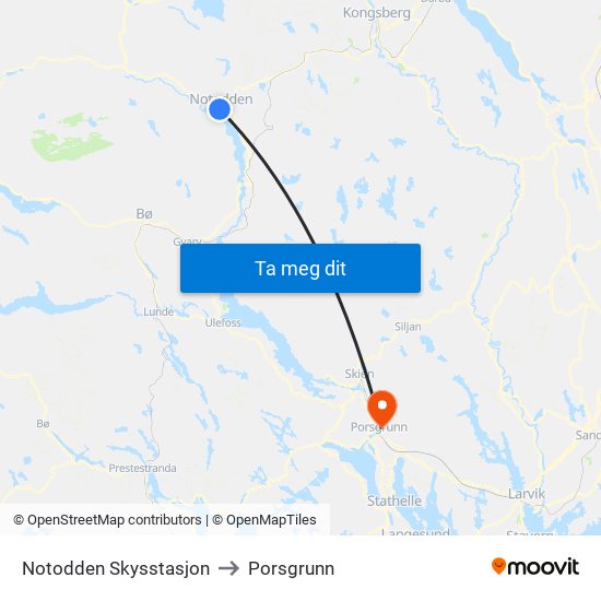 Notodden Skysstasjon to Porsgrunn map