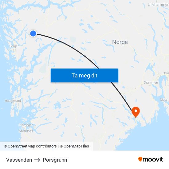 Vassenden to Porsgrunn map