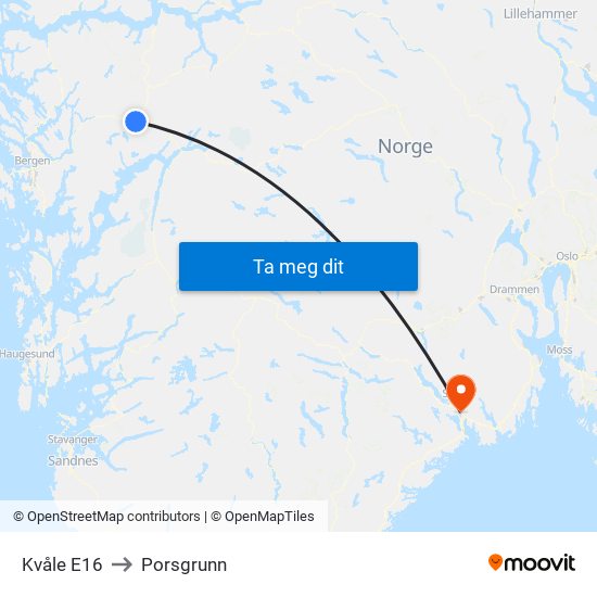 Kvåle E16 to Porsgrunn map