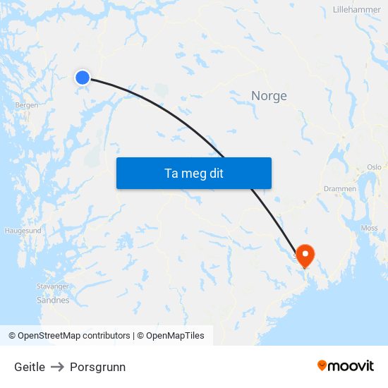 Geitle to Porsgrunn map