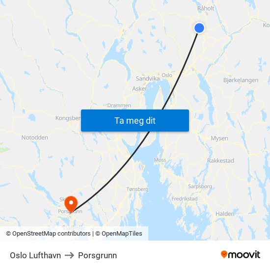 Oslo Lufthavn to Porsgrunn map