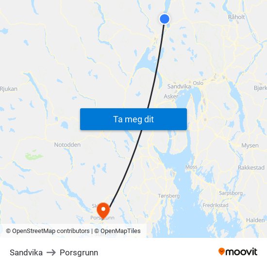 Sandvika to Porsgrunn map