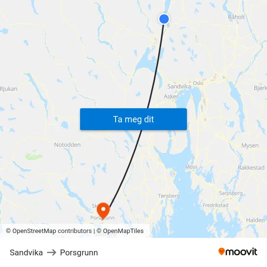 Sandvika to Porsgrunn map