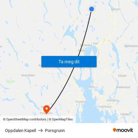Oppdalen Kapell to Porsgrunn map