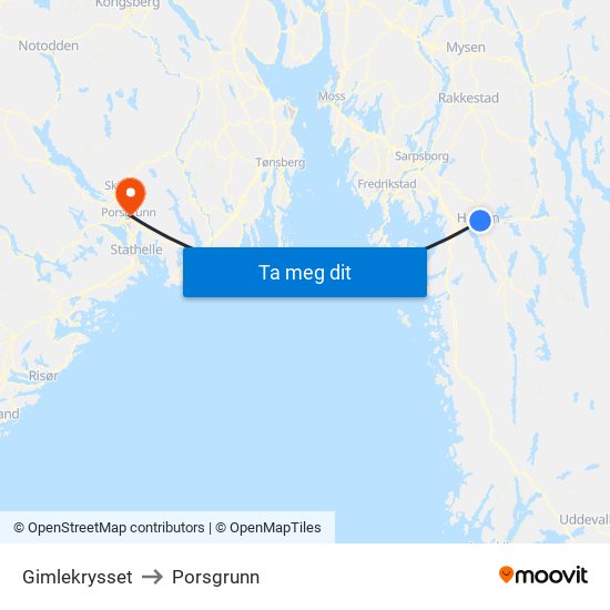 Gimlekrysset to Porsgrunn map