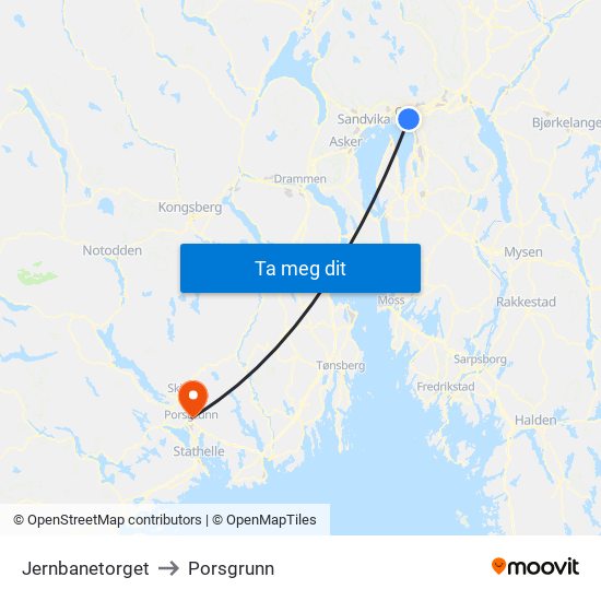 Jernbanetorget to Porsgrunn map