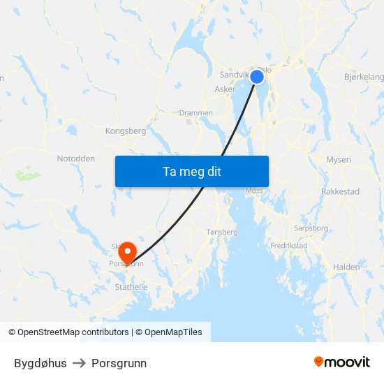 Bygdøhus to Porsgrunn map