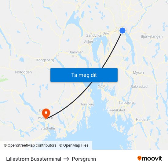 Lillestrøm Bussterminal to Porsgrunn map