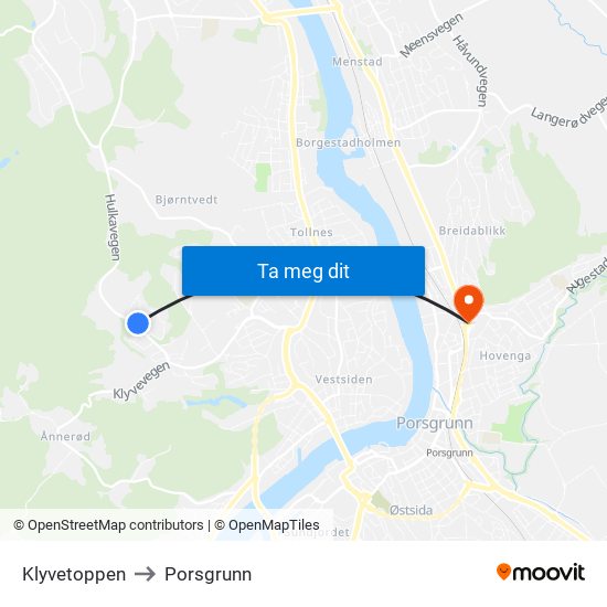 Klyvetoppen to Porsgrunn map