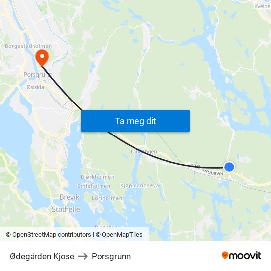 Ødegården Kjose to Porsgrunn map