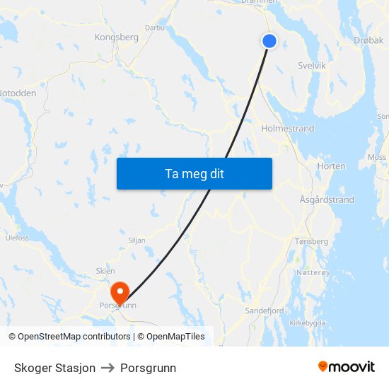 Skoger Stasjon to Porsgrunn map