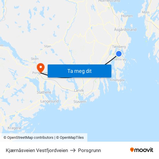 Kjærnåsveien Vestfjordveien to Porsgrunn map