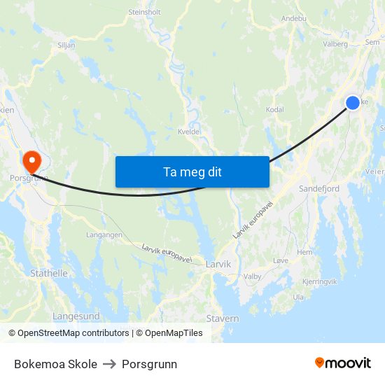 Bokemoa Skole to Porsgrunn map