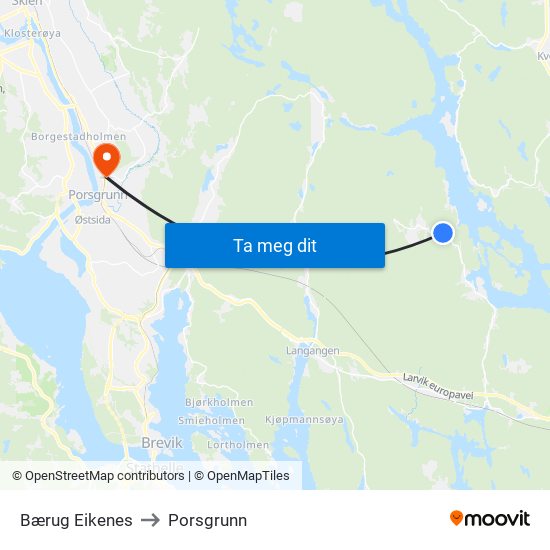 Bærug Eikenes to Porsgrunn map